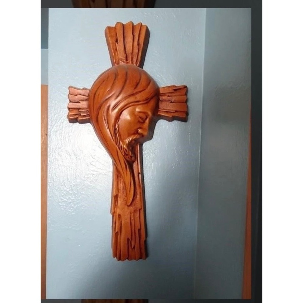 Vintage Hand Carved Wood Jesus Face Wall Cross Plaque Religious Folk Art 18"